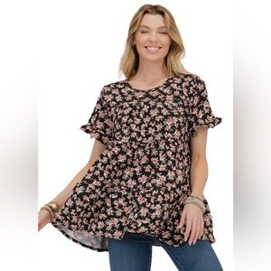 Plus sized modest floral print tiered tunic top in black